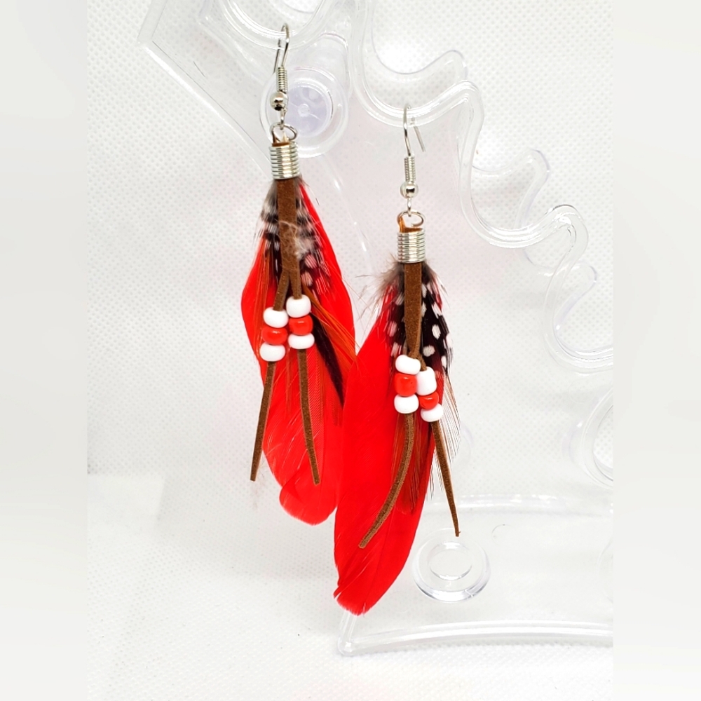 7/$10 Red Beaded Feather Earrings, New